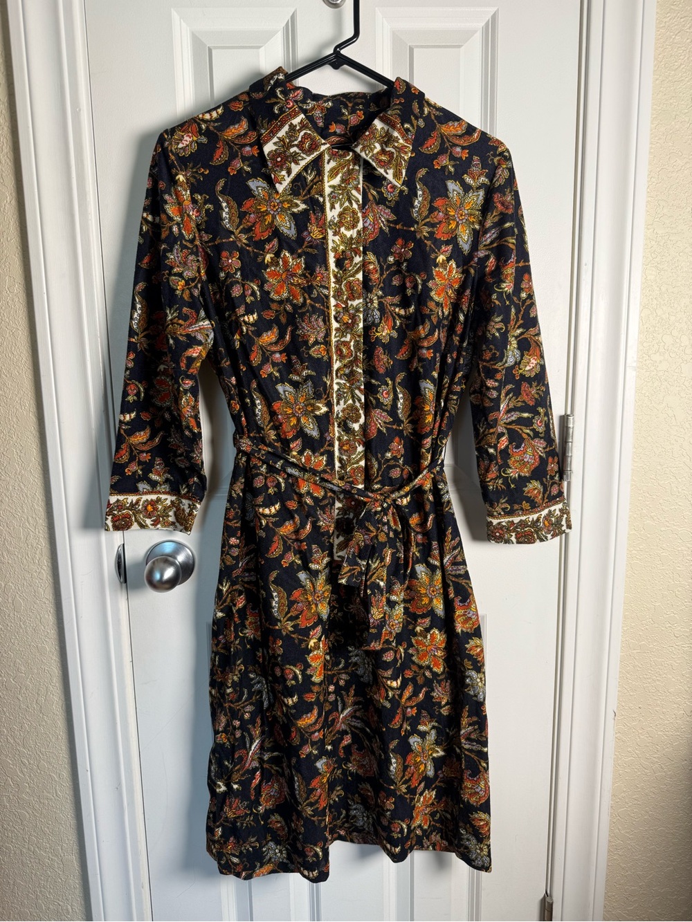 Vintage Black Paisley Floral Midi Dress with Cream Trim